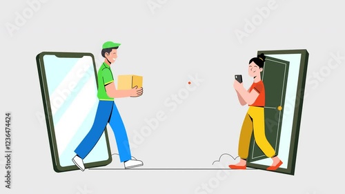 animation of courier delivering online shopping package to customer