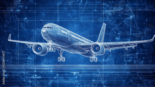 Airplane wireframe taking off from a blueprint background, representing innovative design in aerospace engineering