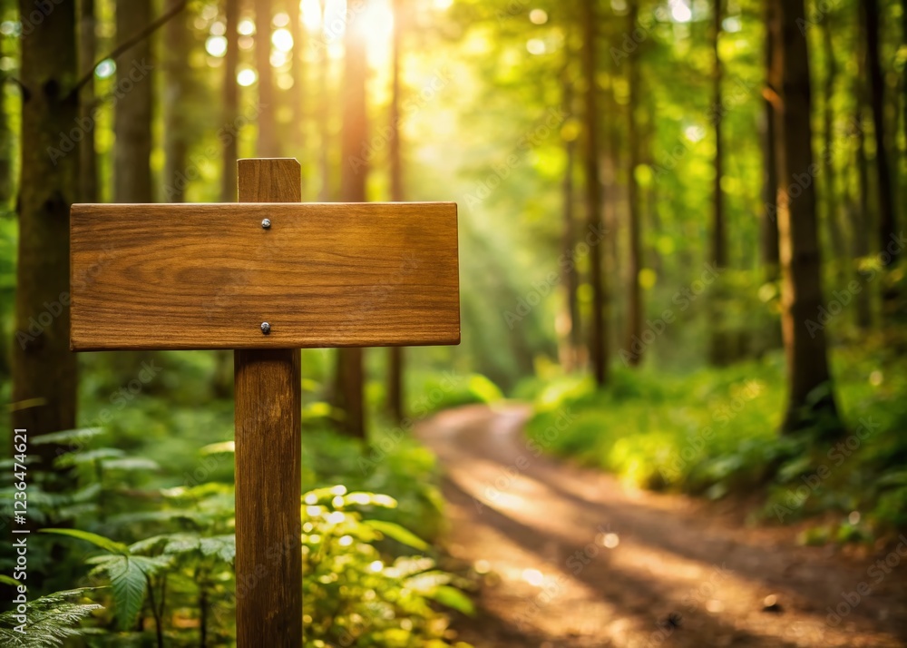 Fototapeta premium Wooden Signpost in a Serene Forest Trail with a Bokeh Effect