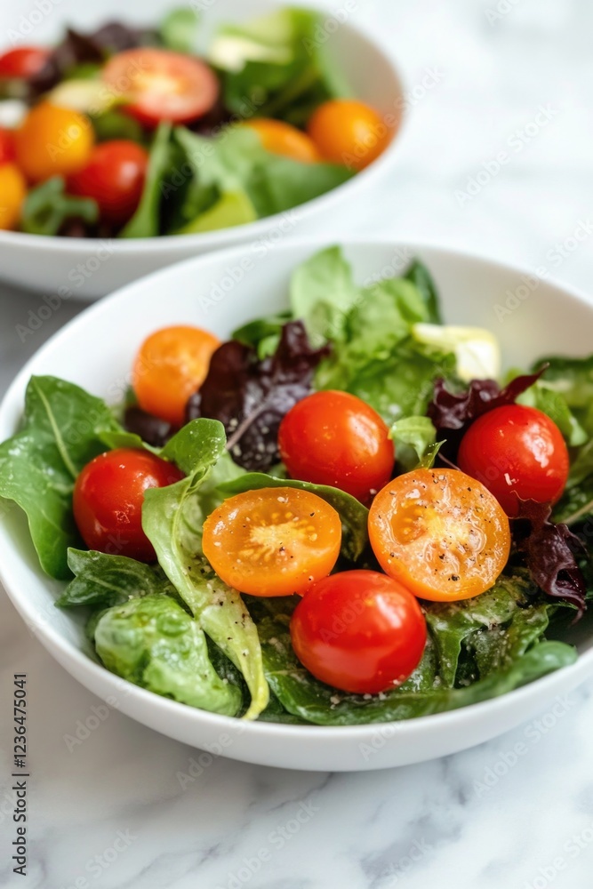Two bowls of garden salad with fresh lettuce, tomatoes, and a dressing on the side, garnishing a healthy and refreshing meal. Two bowls of garden salad with fresh lettuce, tomatoes, and a dressing on the side, garnishing a healthy and refreshing meal.