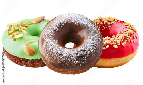 Chocolate, strawberry and matcha donuts with sprinkled with sugar and nuts looks on transparent background. Suitable for fnb business.