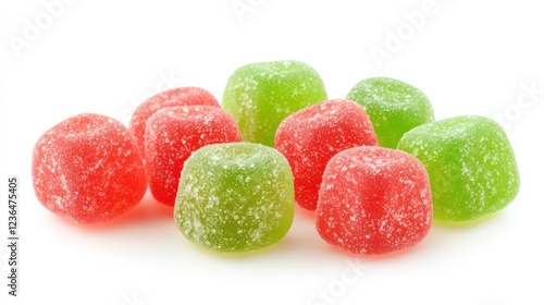 Close-up of red and green sugared gumdrops on white background.