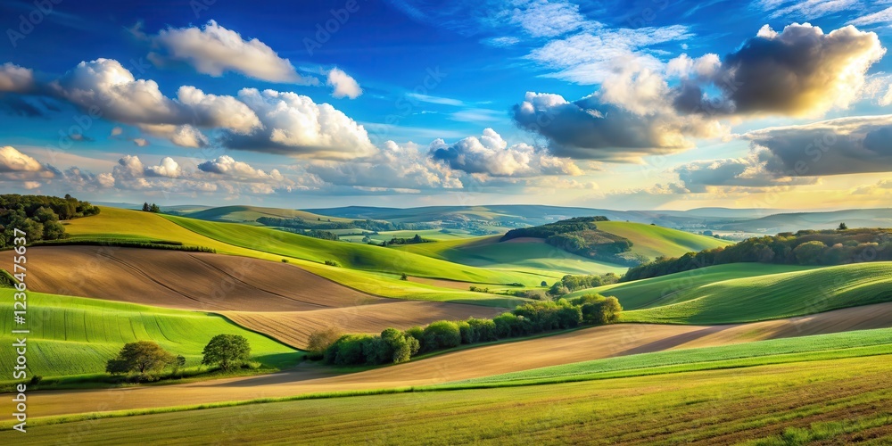 Fototapeta premium Rolling hills and fields under a clear blue sky with a few white clouds, nature, scenery, nature, scenery, farmland, earthy