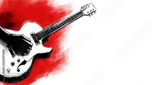  a black and white drawing of an electric guitar on a red background The guitar has a glossy finish and the strings are visible The red background provides a strik
