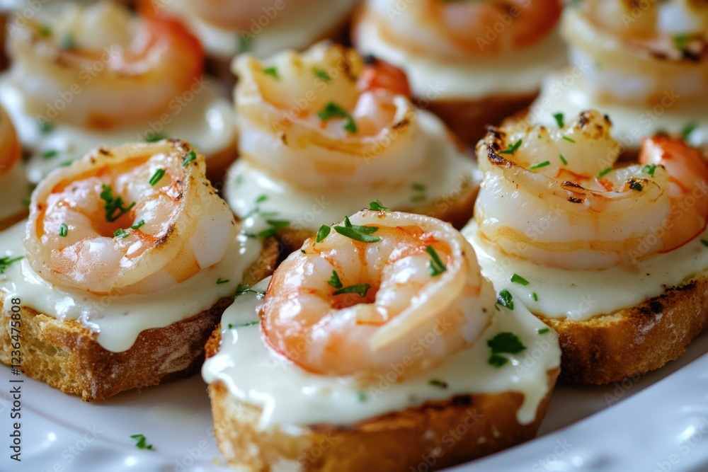 A plate of savory prawn crostini, served with a creamy white sauce. Perfect for cocktail parties or a casual meal. A plate of savory prawn crostini, served with a creamy white sauce. Perfect for cocktail parties or a casual meal.