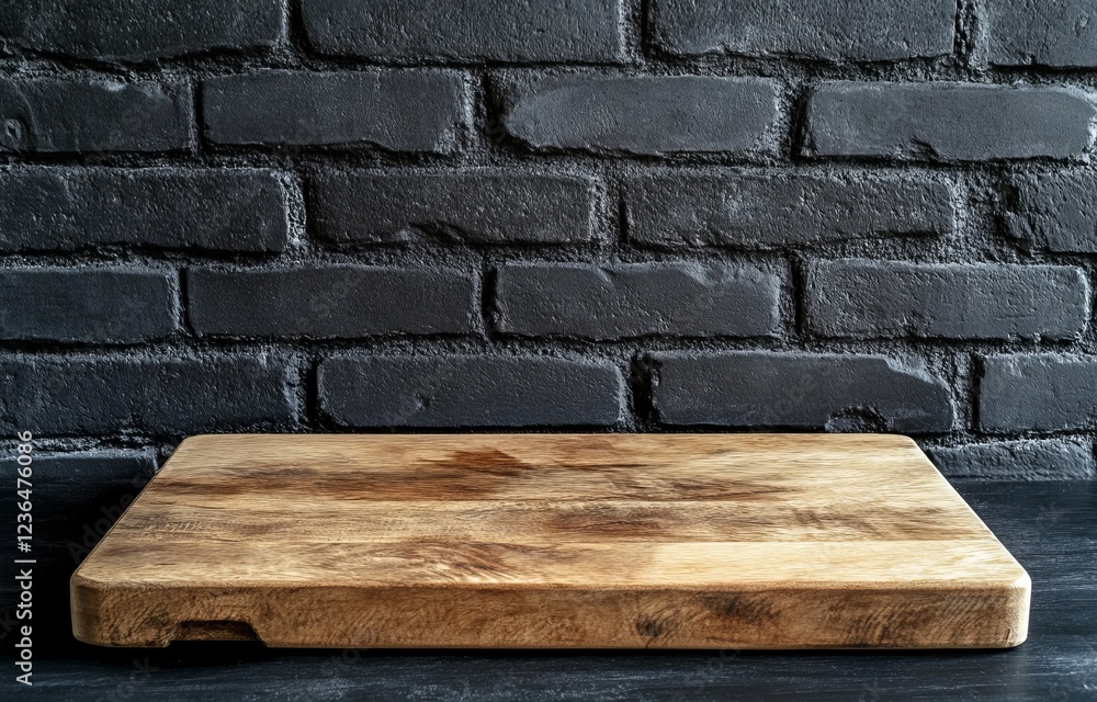 Rustic wooden cutting board on dark surface against black brick wall background. Rustic wooden cutting board on dark surface against black brick wall background.