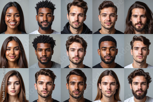diverse group of 12 individuals in 3x4 grid neutral backgrounds