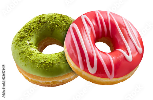 Two strawberry and matcha donuts with topping looks very delicious isolated on transparent background.