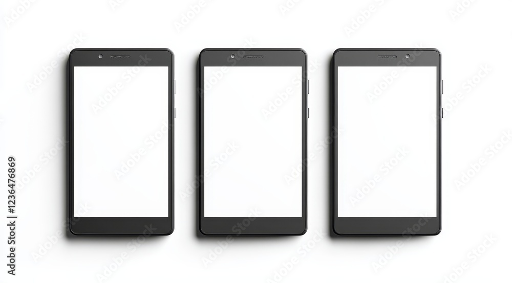 Three black smartphones with blank white screens arranged in a row on a white background. Three black smartphones with blank white screens arranged in a row on a white background.