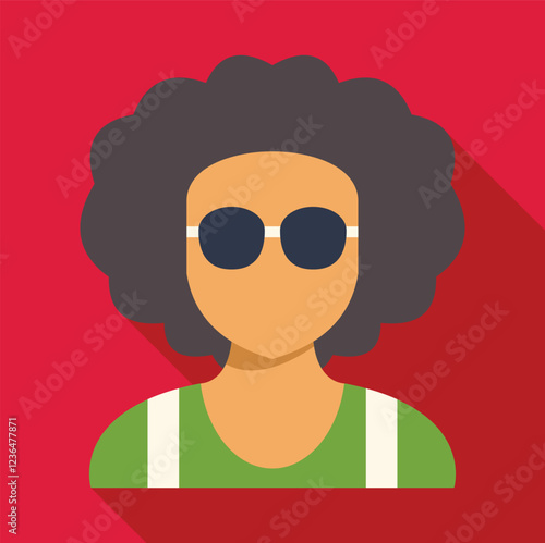 Stylish individual with large sunglasses and a voluminous afro hairstyle, set against a vibrant red backdrop
