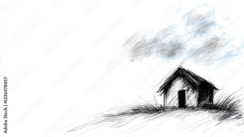 Fototapeta premium a black and white drawing of a small house nestled in the grass, with a white background