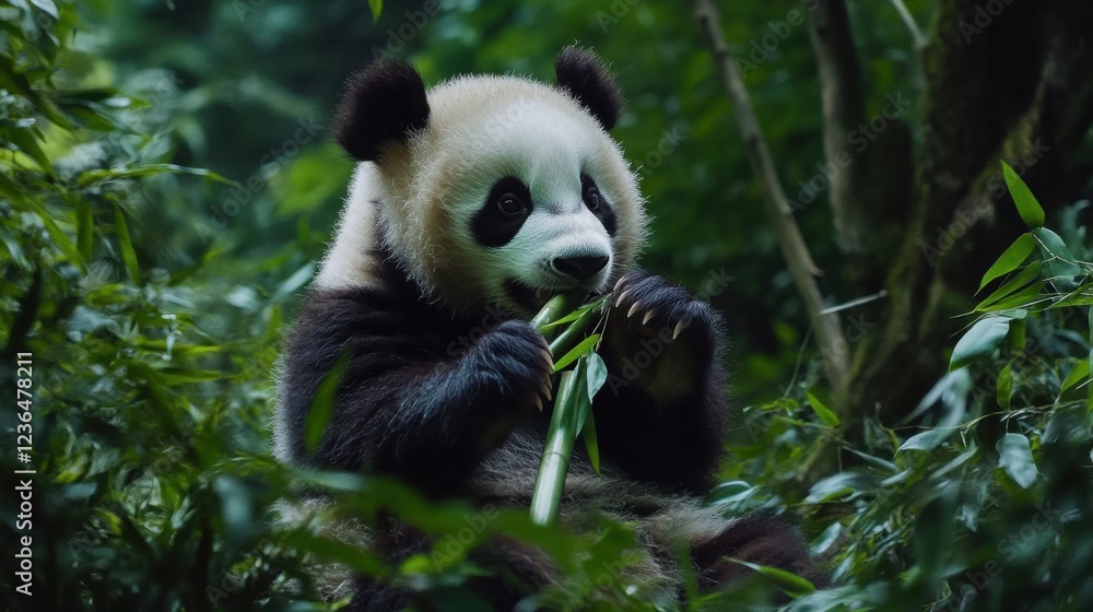 Obraz premium Adorable Baby Panda Munching on Bamboo in Lush Green Forest: Showcasing the Cuteness and Natural Behavior of Young Pandas in Their Native Habitat with Dense Greenery