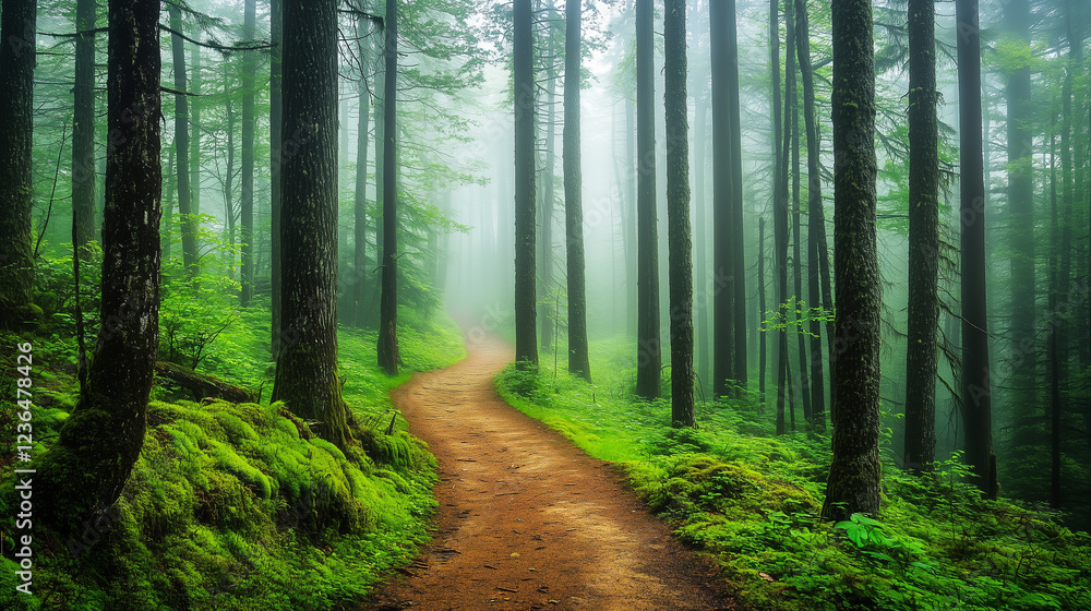Fototapeta premium Forest path meandering through misty woodland, lush green foliage surrounding verdant landscape, evoking serene wilderness atmosphere