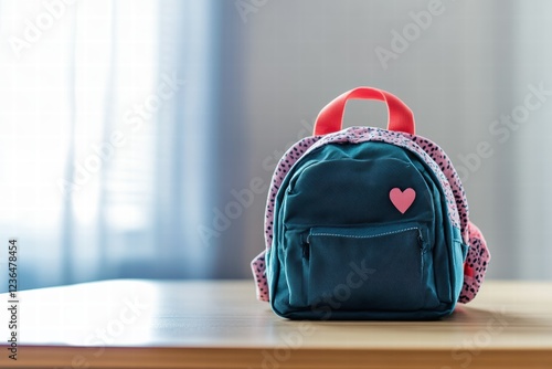 Child's colorful backpack rests on an empty table in a tranquil indoor setting photo