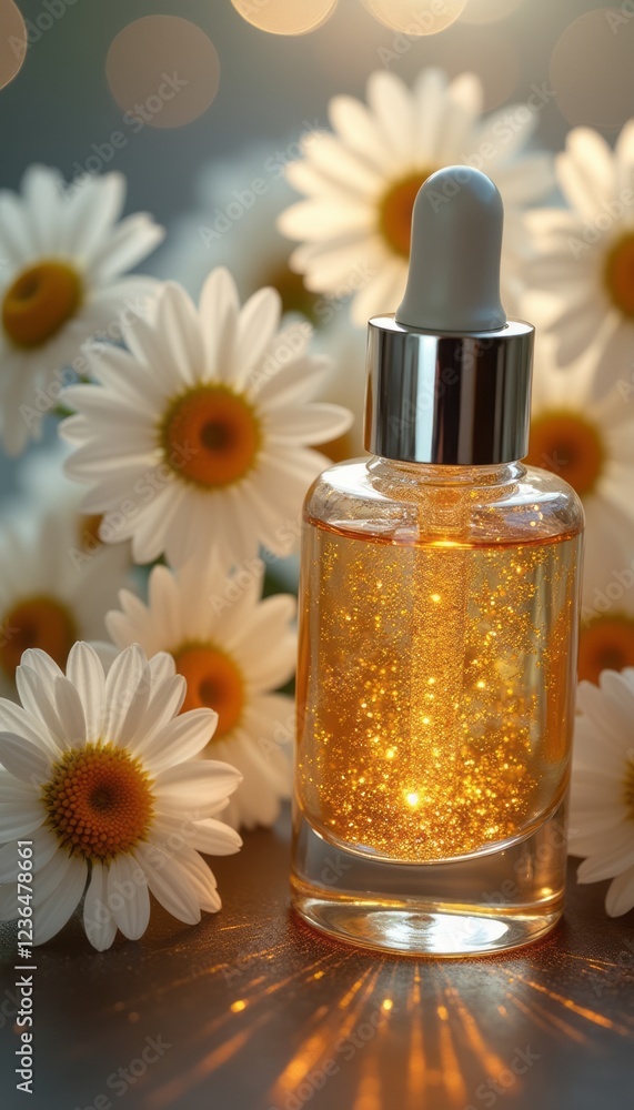custom made wallpaper toronto digitalA stunning glass bottle filled with shimmering golden serum stands elegantly amidst a backdrop of fresh white daisies. The warm glow of the serum, combined with the soft petals, creates a serene and