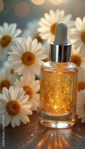 Wallpaper Mural A stunning glass bottle filled with shimmering golden serum stands elegantly amidst a backdrop of fresh white daisies. The warm glow of the serum, combined with the soft petals, creates a serene and Torontodigital.ca