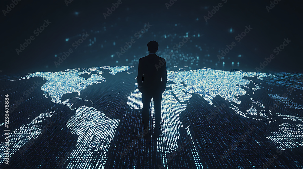 Obraz premium A person stands silhouetted against a digital map illuminated by glowing binary code, representing technology and global connectivity.
