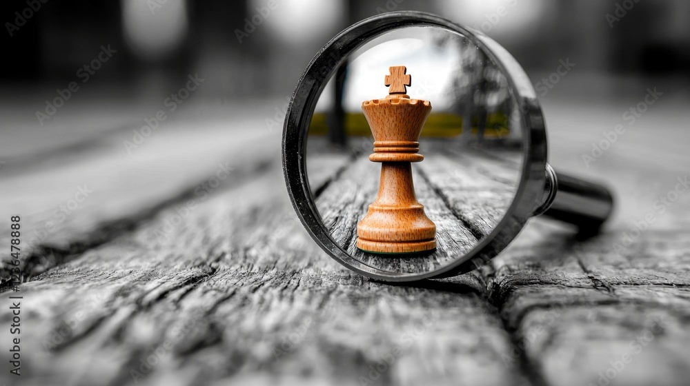a magnifying glass hovering over a chess piece on a wooden table, with a blurred background a magnifying glass hovering over a chess piece on a wooden table, with a blurred background