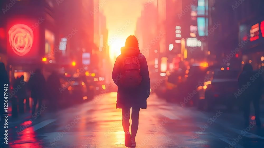 A woman is walking down a city street at sunset A woman is walking down a city street at sunset