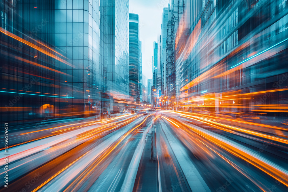 A fast-paced view of a city street with glowing car lights and towering glass buildings, showcasing the speed and energy of urban life. A fast-paced view of a city street with glowing car lights and towering glass buildings, showcasing the speed and energy of urban life.