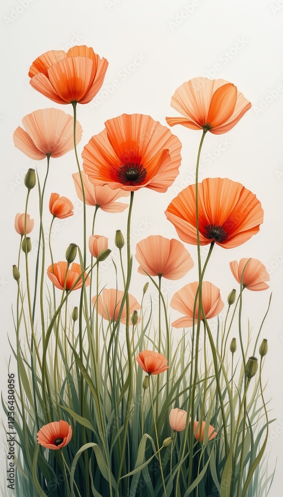 Fototapeta premium Vibrant field of orange poppies with delicate petals and slender stems