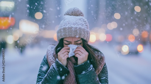 Sick young woman blowing her nose with tissue while standing in a snowy city street during winter, suffering from cold, flu or influenza virus photo