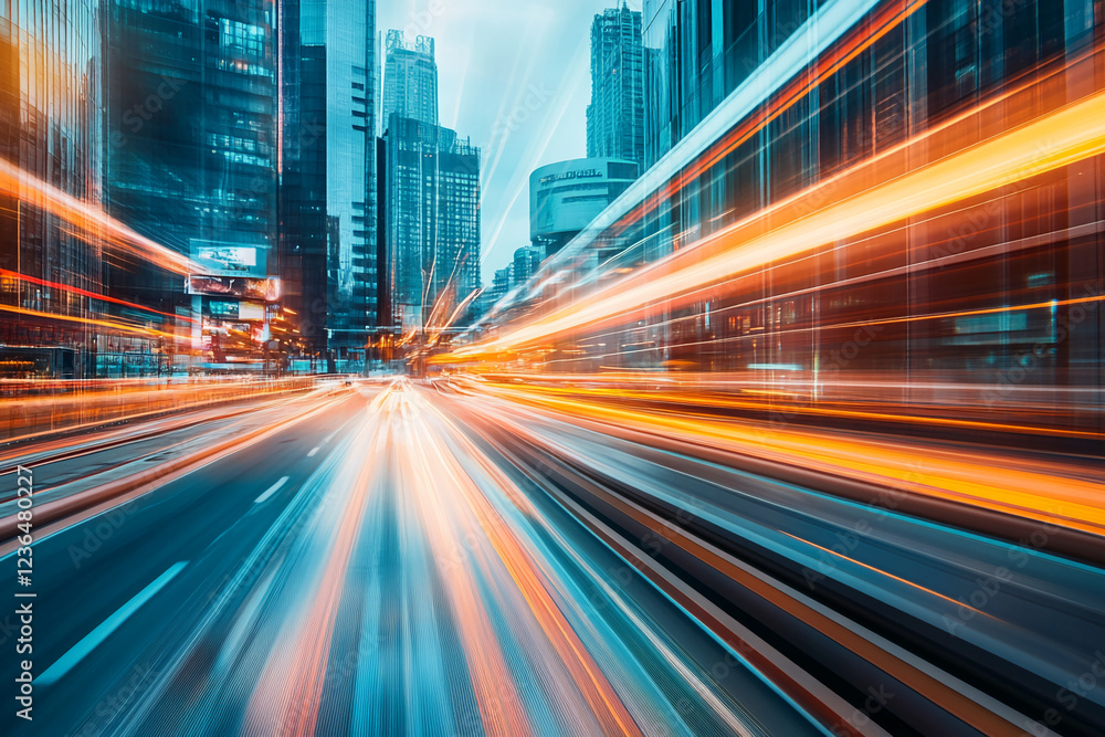 A high-speed view of a city street with glowing car lights and towering glass buildings, showcasing the bustling energy and fast-paced environment of an urban center. A high-speed view of a city street with glowing car lights and towering glass buildings, showcasing the bustling energy and fast-paced environment of an urban center.