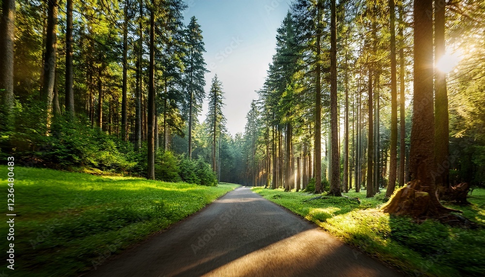 Obraz premium serene forest road with tall trees and green grass forest nature outdoor