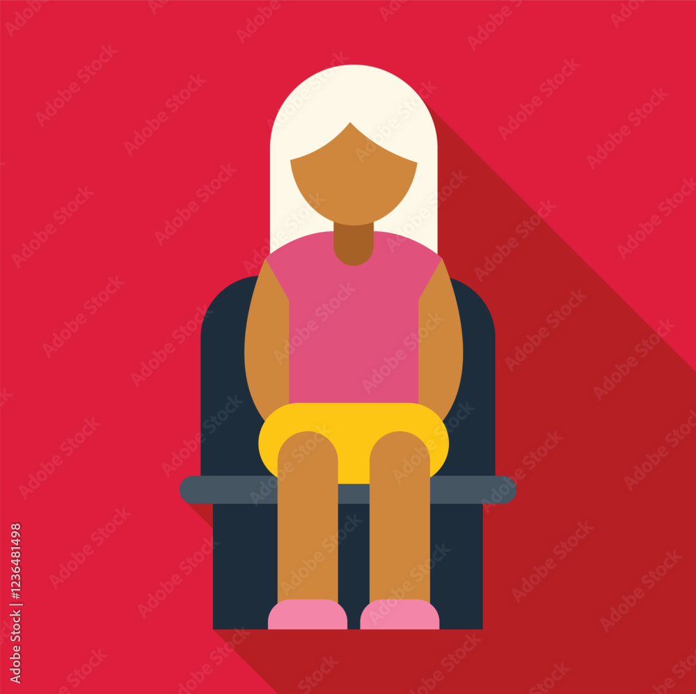 Young blonde girl sitting on a chair, simple flat design illustration with long shadow on a red background Young blonde girl sitting on a chair, simple flat design illustration with long shadow on a red background