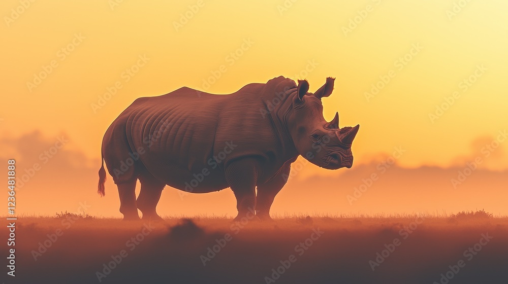Fototapeta premium Majestic Rhinoceros Silhouette Against Vibrant Sunset Horizon