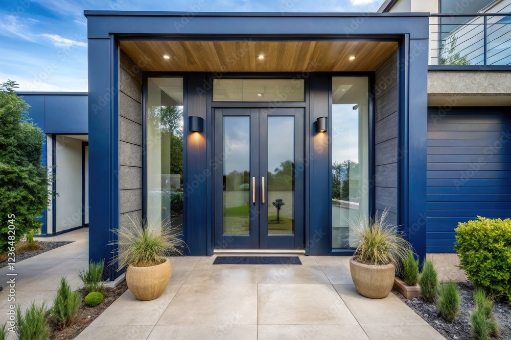 Fototapeta premium A contemporary house design showcases navy blue glass doors, creating a stylish entryway—a stunning modern exterior, expertly photographed.