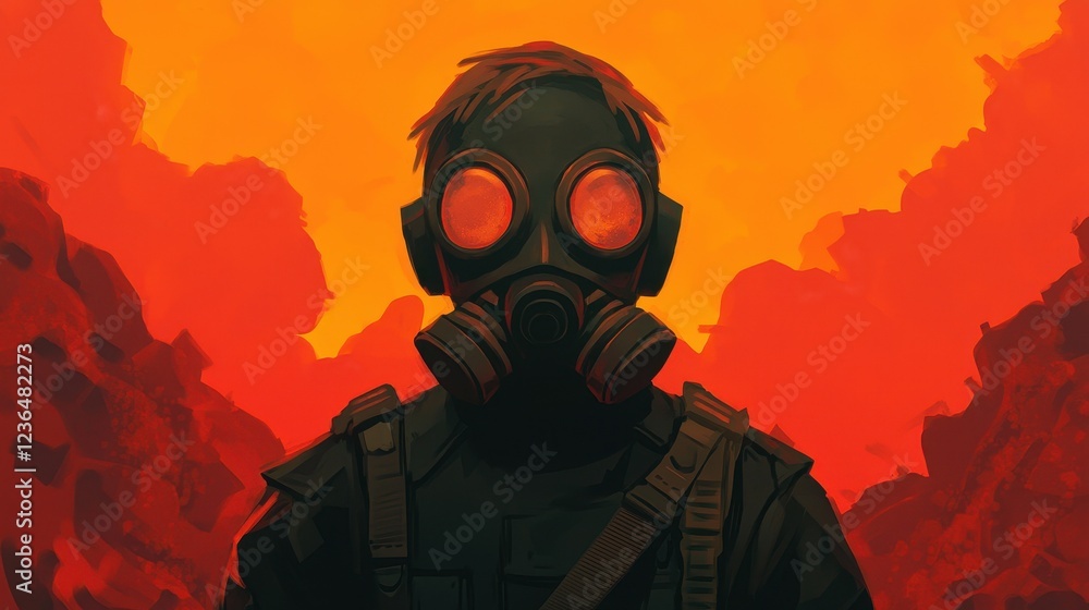 Mysterious figure in gas mask against a dramatic fiery backdrop Mysterious figure in gas mask against a dramatic fiery backdrop