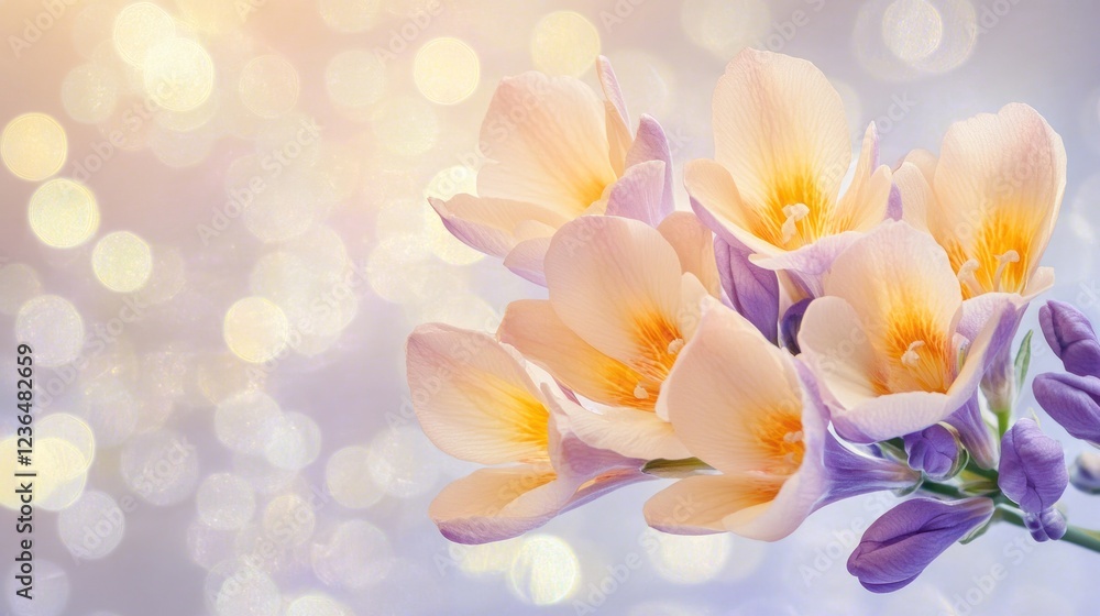 Fototapeta premium Peach freesia bouquet, bokeh background, spring, floral design, greeting card