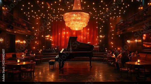 Grand piano on stage in dimly lit jazz club with chandeliers, intimate seating, and red curtains.