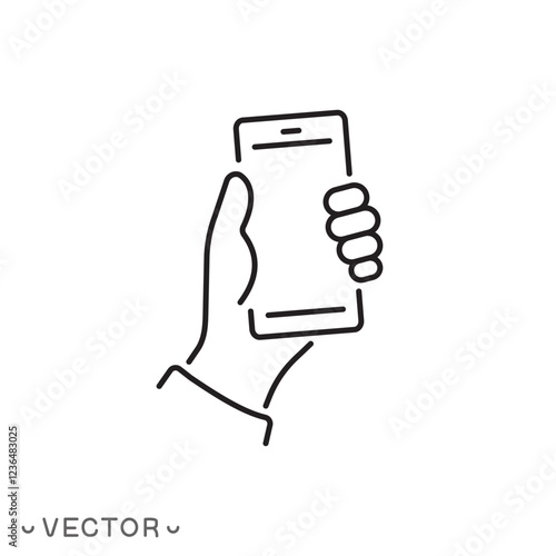 smartphone in hand icon, mobile phone in hand thin line symbol concept isolated on white background, editable stroke eps 10 vector illustration