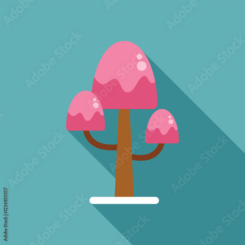 Pink candy tree growing from snow in winter, flat design with long shadow