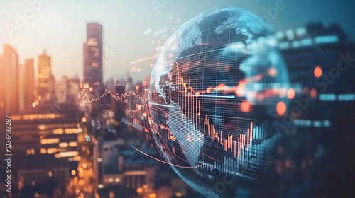 A digital globe overlay with financial graphs, set against a vibrant city skyline at sunset, symbolizing global connectivity and financial data analysis.