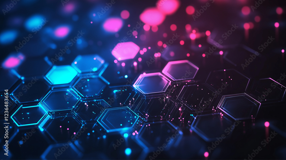 Obraz premium Bright hexagons illuminated with vibrant blue and pink lights.