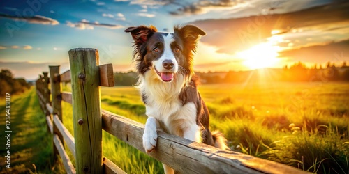 A cute border collie perches on a weathered fence, rural beauty meets urban exploration.