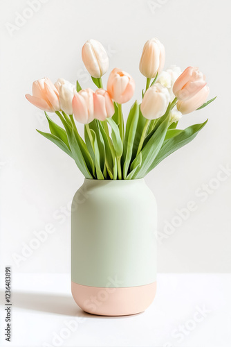 Close-up view of a bouquet of pastel tulips elegantly placed in a minimalist ceramic vase. Soft natural light enhances the fresh appearance of the flowers, inviting a calming atmosphere