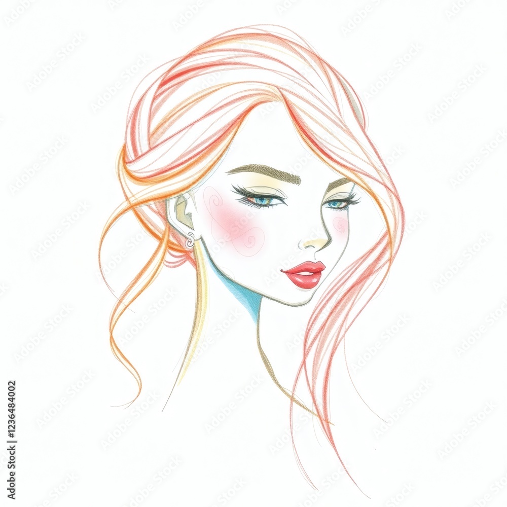 Elegant fashion illustration of a woman with styled hair and soft makeup showcasing beauty trends Elegant fashion illustration of a woman with styled hair and soft makeup showcasing beauty trends
