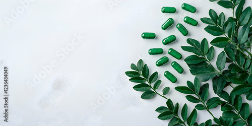 Green Moringa Leaves and Herbal Capsules Arranged on a Light Background for Health and Wellness Supplements in a Natural Setting photo