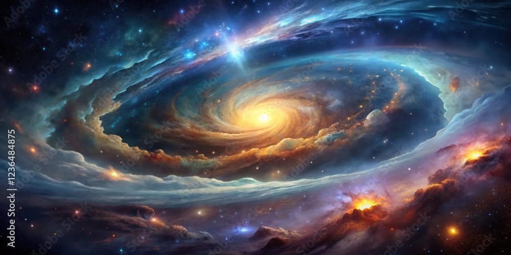 Fototapeta premium Vast interstellar space with swirling clouds of gas and dust, giving birth to new stars and nebulae in a majestic cosmic dance, galaxies, interstellar landscape