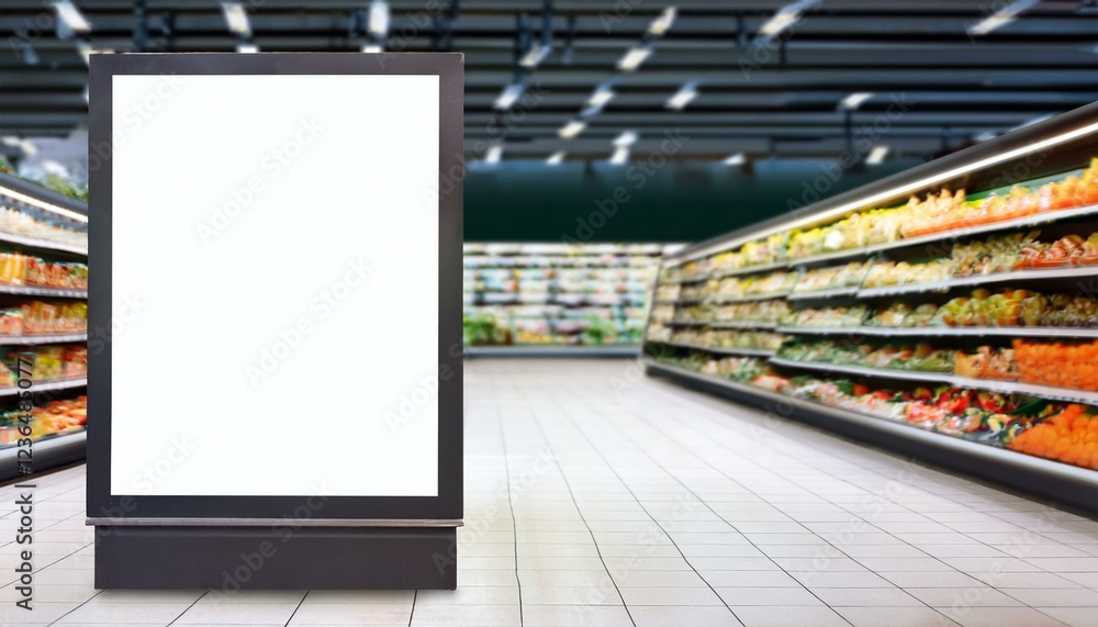 frame with white blank poster on stand in supermarket interior background frame with white blank poster on stand in supermarket interior background