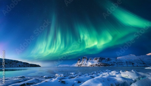 shimmering curtains of light in the polar night polar lights icy landscape photo