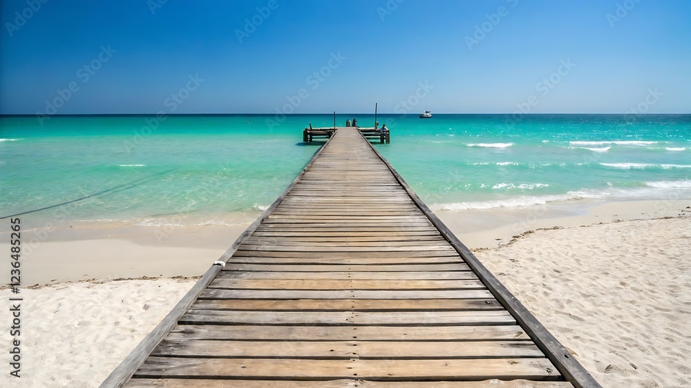 Obraz premium Wooden Pier Extending into Turquoise Ocean – Peaceful Beach Scene with Clear Waters