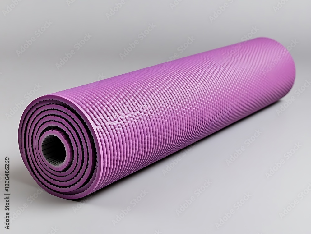 Rolled purple yoga mat on a smooth surface with neutral background Rolled purple yoga mat on a smooth surface with neutral background