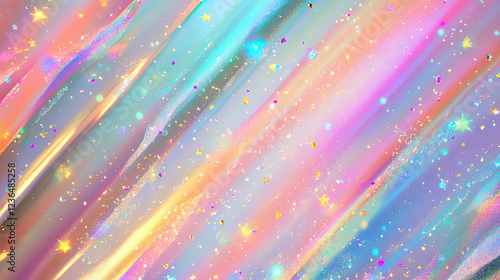 Glittering gradient background with hologram effect and magic lights. Holographic abstract fantasy backdrop with fairy sparkles, gold stars and festive blurs. High quality photo