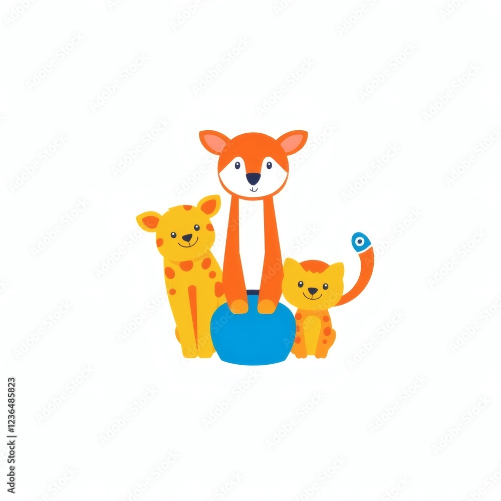 Fototapeta premium Cute cartoon animals sitting together in a playful arrangement on a white background