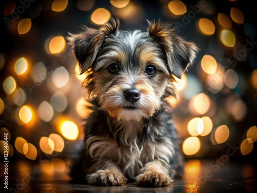 A cute terrier puppy's captivating low-light photoshoot; dark, dramatic, and undeniably adorable. photo